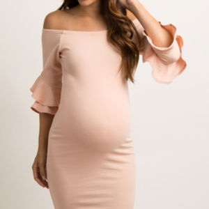 Pink layered flounce sleeve fitted maternity dress